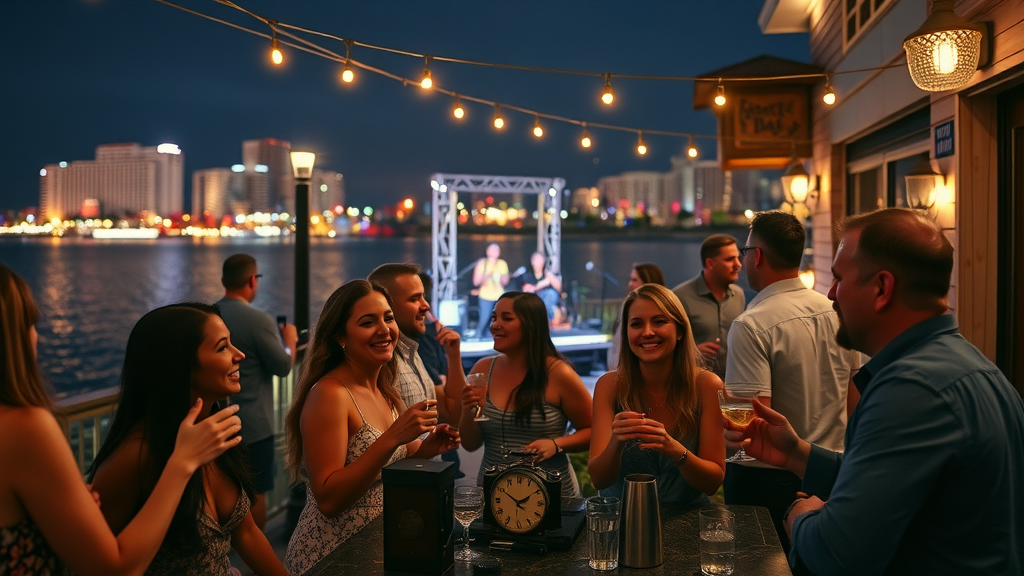 upscale open-air bar at Broadway at the Beach, adults mingling with cocktails, Myrtle Beach nightlife