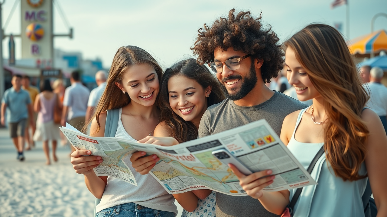 Helpful Myrtle Beach travel guide with a teen-focused family, reading maps and smartphones in front of bustling Myrtle Beach attractions. Myrtle Beach family vacation planning