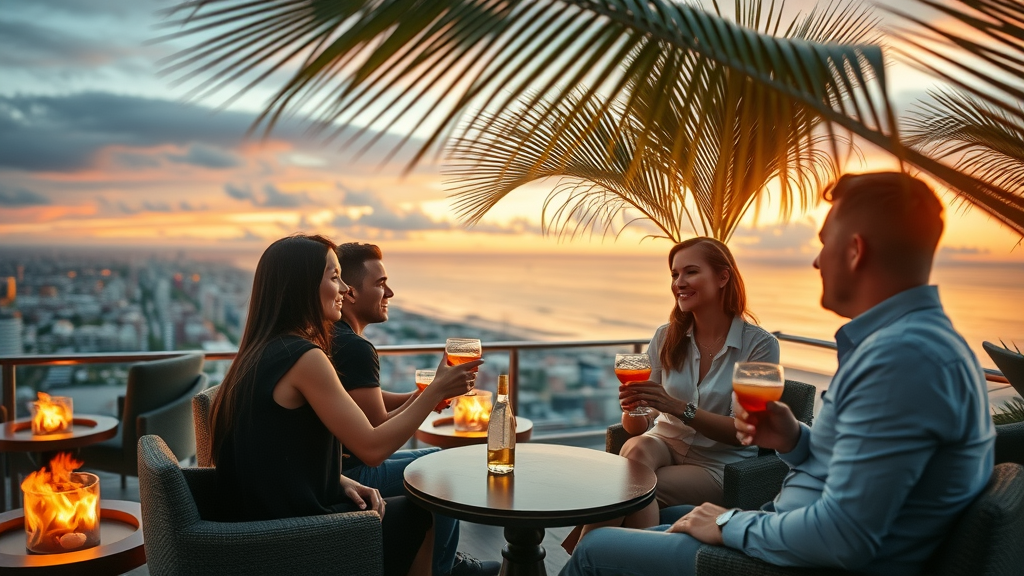 modern Myrtle Beach rooftop lounge at sunset, sophisticated adults enjoying cocktails, panoramic ocean and city views, Myrtle Beach main keyword