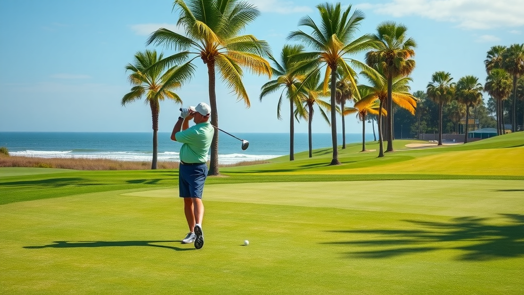 lush Myrtle Beach golf course, adult travelers teeing off, golf capital reputation