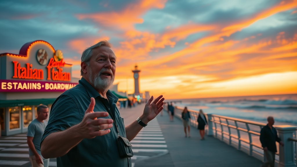 Local guide pointing to Italian eateries on Myrtle Beach boardwalk at sunset