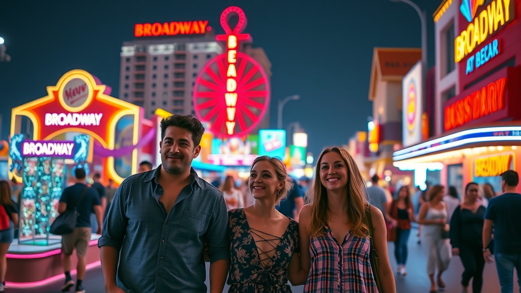 Broadway at the Beach at night, couples and friends, immersive digital installations, vibrant nightlife, Myrtle Beach hot spot