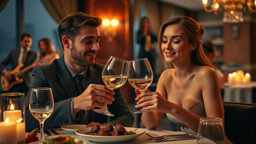 Sophisticated romantic dinner scene in upscale Myrtle Beach restaurant with live music.