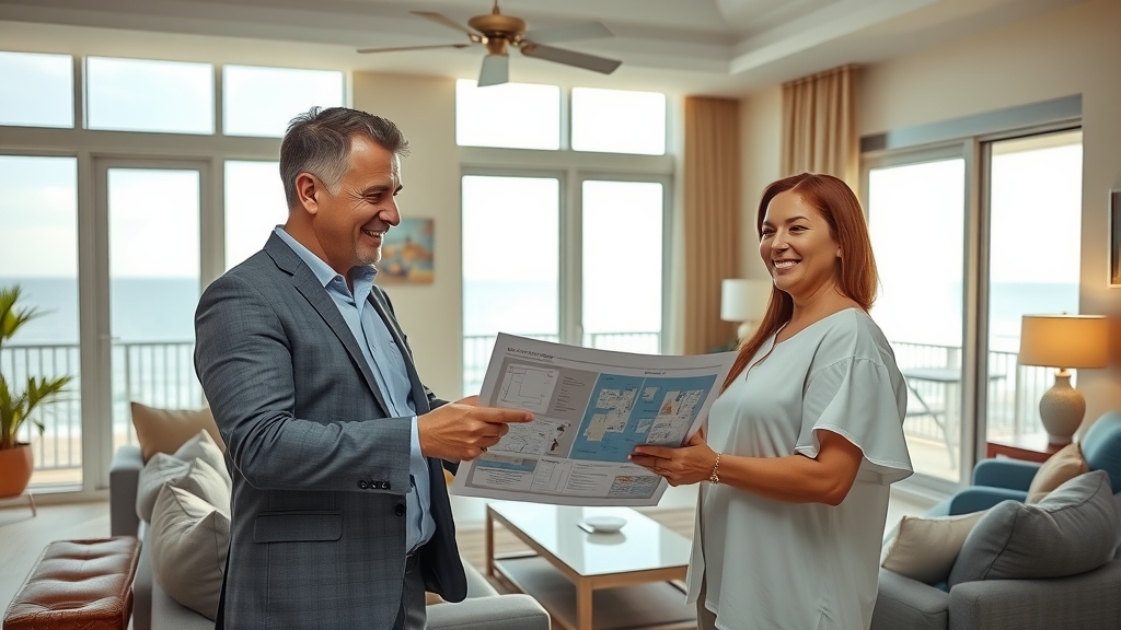 Real estate Myrtle Beach agent couple discussing floor plans modern condo coastline view