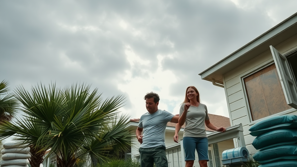 Myrtle Beach hurricane preparation family securing home wind blown palms sandbags