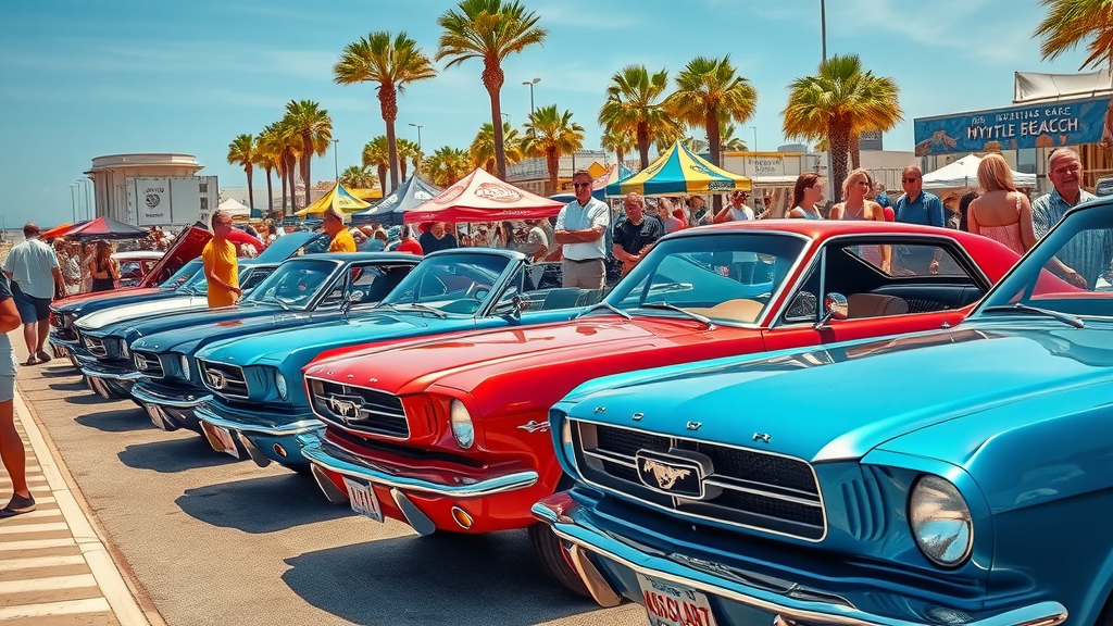 Classic and modern Mustangs at Myrtle Beach Mustang Car Show 2025, beachfront festival.