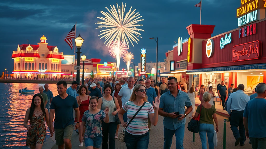 Families enjoying shops, restaurants, and fireworks at Broadway at the Beach, Myrtle Beach