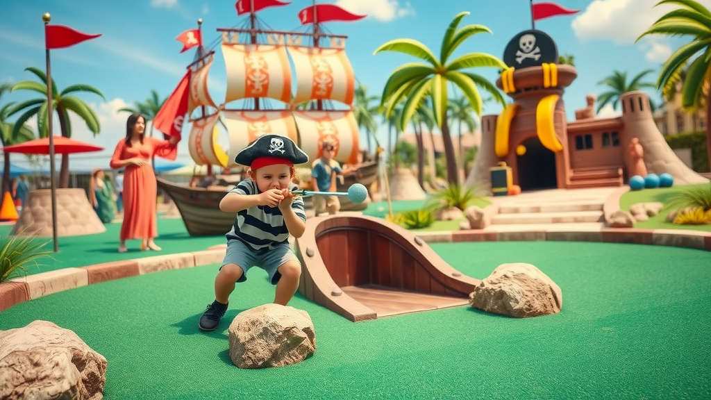 Whimsical pirate-themed mini golf course for beach family fun in Myrtle Beach, kids playing with colorful obstacles