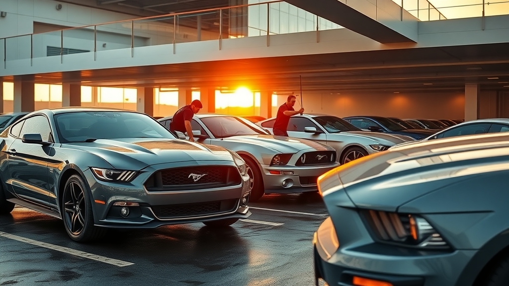 secure hotel parking lot at sunrise, professional staff cleaning classic Mustangs, modern parking garage, water reflections on cars