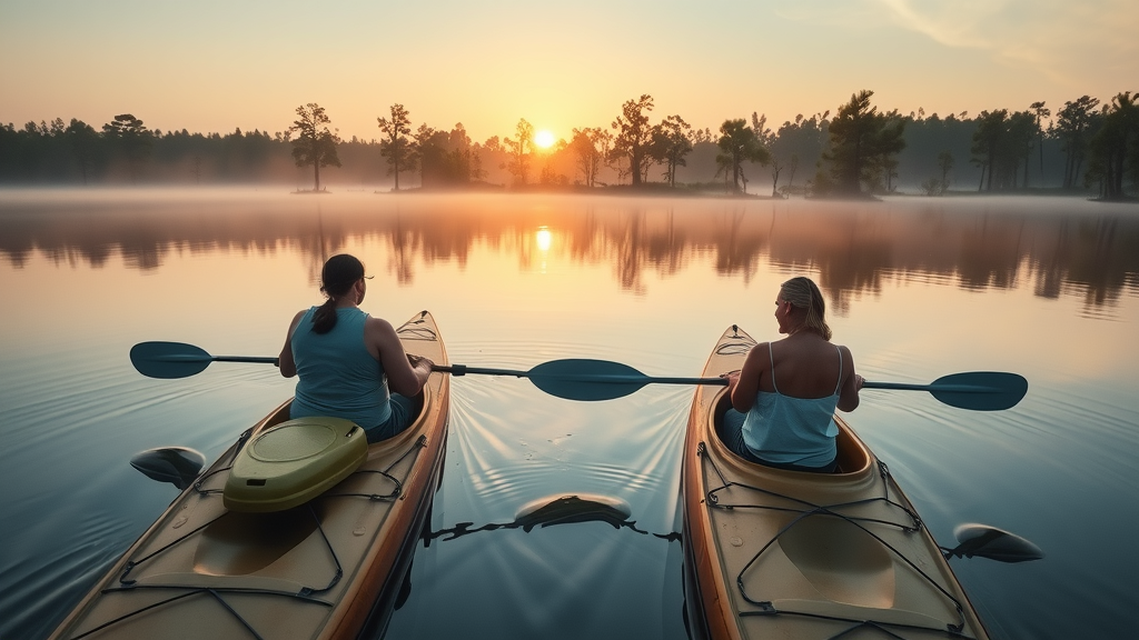 peaceful sunrise kayaking on Waccamaw River, adults enjoying nature, Myrtle Beach outdoor keyword