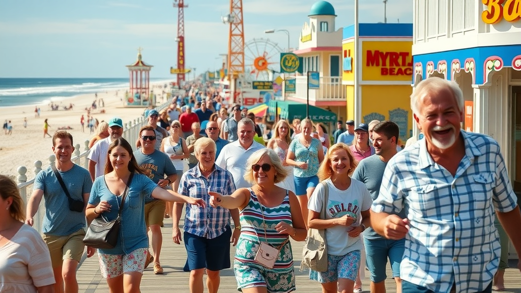 Crowds along Myrtle Beach Boardwalk enjoying ocean views and entertainment, Myrtle Beach things to do under 10