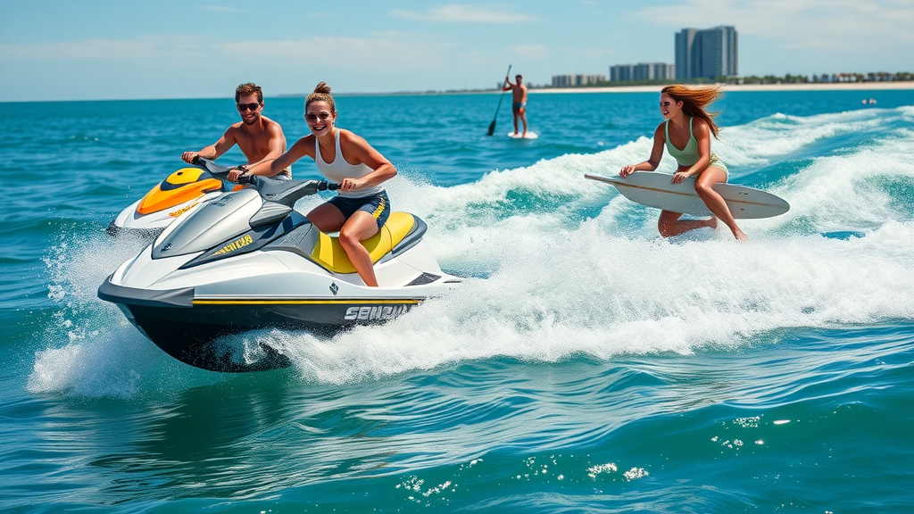 Adventurous young adults jet skiing in Myrtle Beach area with city skyline