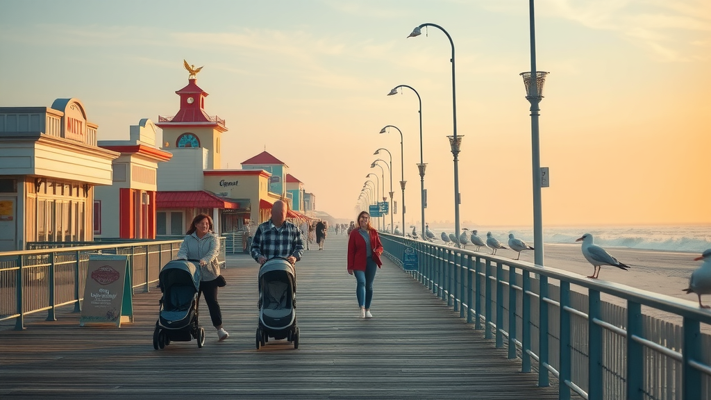Peaceful Myrtle Beach boardwalk in the off-season, parents with strollers, quiet morning, best time for young families