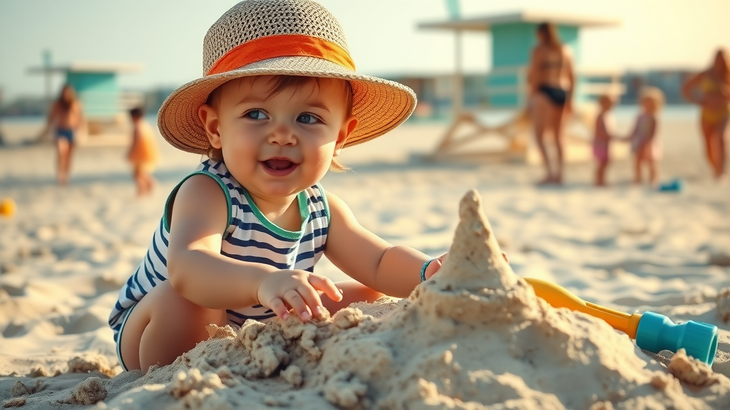Toddler in sunhat building sandcastle at Myrtle Beach State Park, safe and fun for kids under 5
