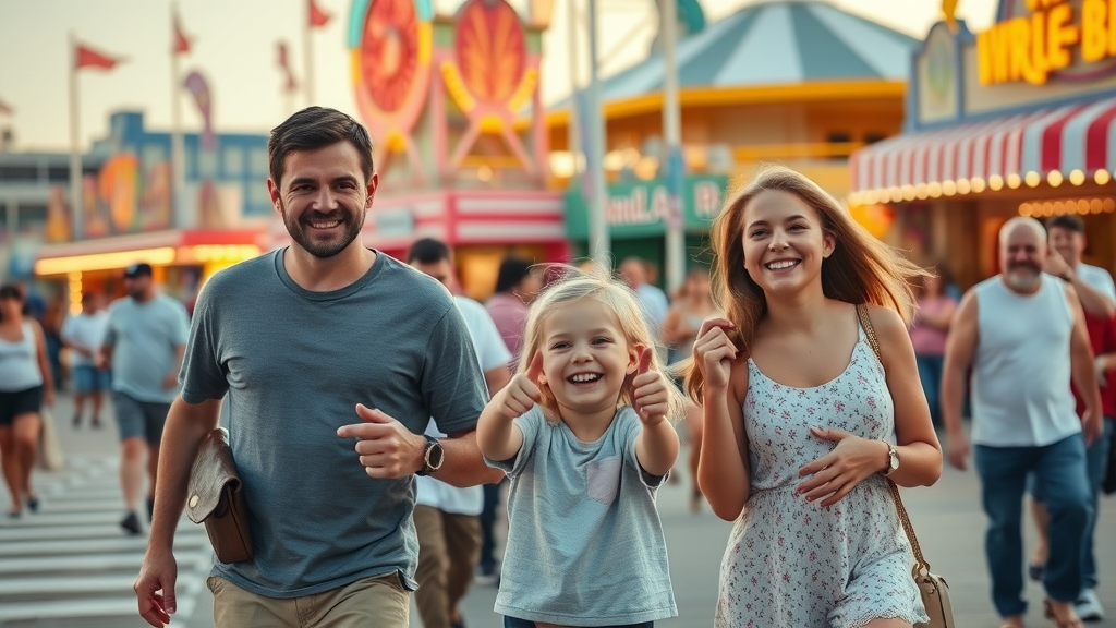 cheerful family exploring Myrtle Beach boardwalk, excitement, little kids pointing at attractions, lively boardwalk with colorful storefronts and rides, Myrtle Beach family walking adventure