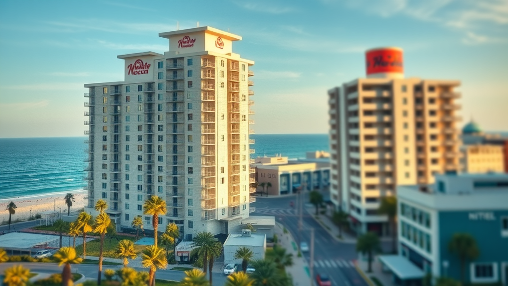 contrasting Myrtle Beach oceanfront hotel and downtown hotel, coastal skyline versus city streets, hotel balconies and palm trees