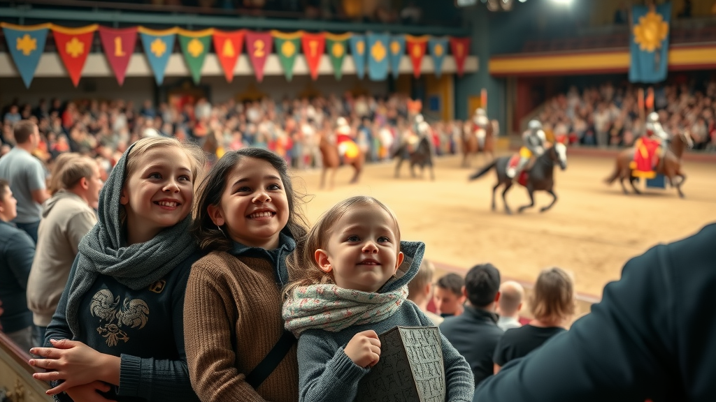 Family with preschoolers amazed at Medieval Times knights tournament, colorful arena, things to do in myrtle beach with kids under 5