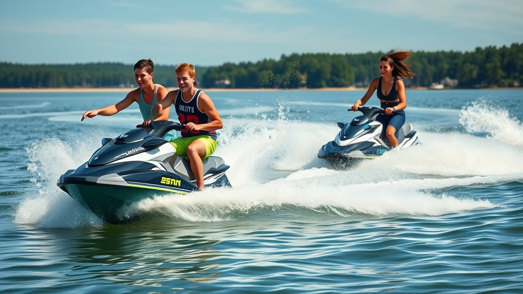 thrilled teenagers wakeboarding and jet skiing across Myrtle Beach waterway, exhilarated teens, performing jumps and tricks, wake park and jet ski adventures in myrtle beach, open water and skyline.