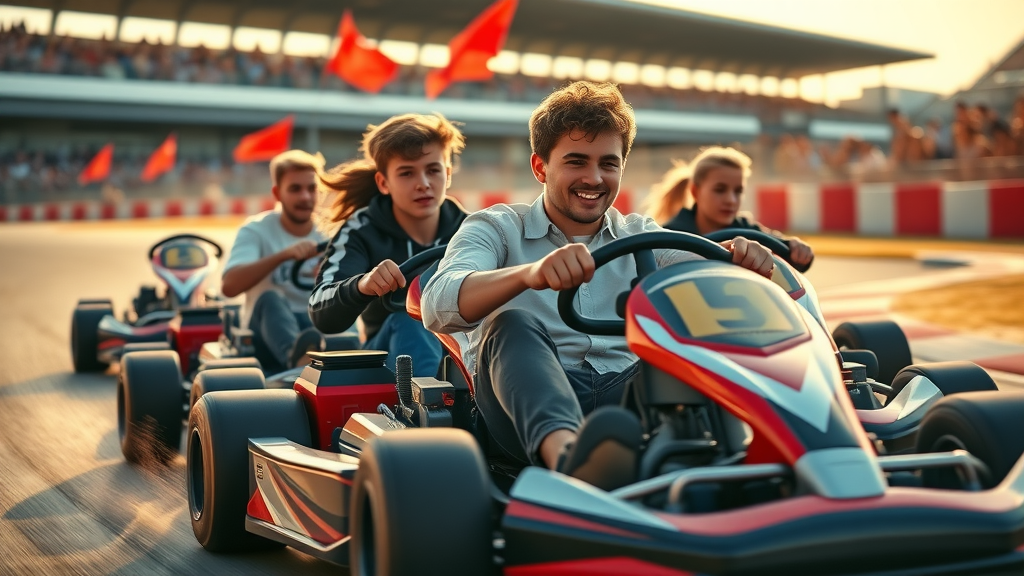dynamic teens racing go-karts, excited expressions, speeding on a sunny track, energetic fun things to do with teens in myrtle beach (2025), raceway with cheering crowds in the background, tire smoke, vivid red and blue, golden hour lighting.
