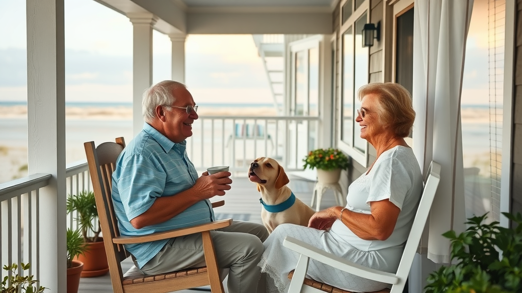 Retiree couple Myrtle Beach dog porch overlooking ocean dunes relaxing coffee