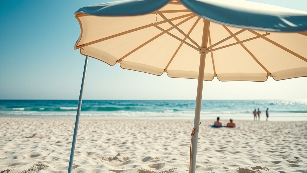 detailed close-up of a traditional beach umbrella fabric panels extended securely anchored in sand clean sand and ocean sunbathers at a distance