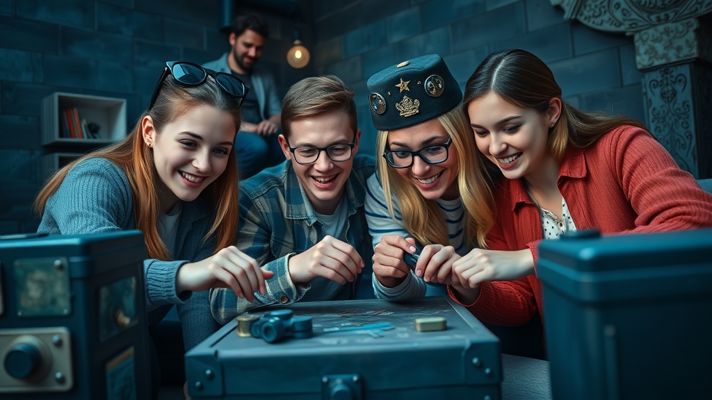 Excited family of teens and parents collaborate to solve puzzles in a stylish Myrtle Beach escape room. Myrtle Beach escape games for teens.