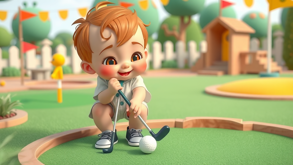 Preschooler playing mini golf, colorful course, things to do in myrtle beach with kids under 5