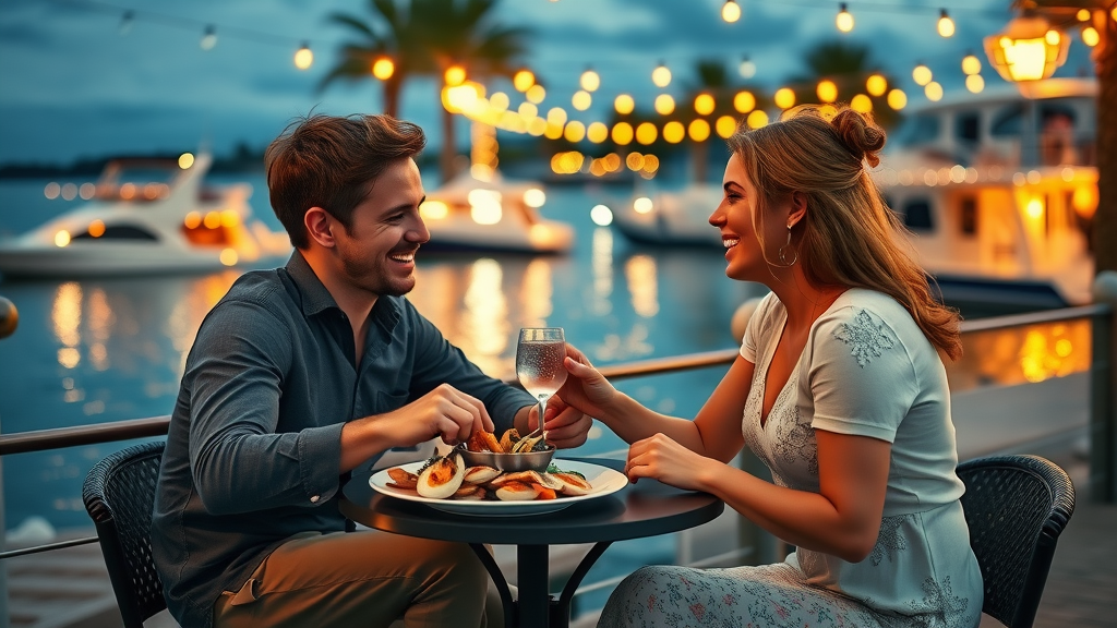 Romantic couple dining waterfront on Murrells Inlet MarshWalk sharing seafood.