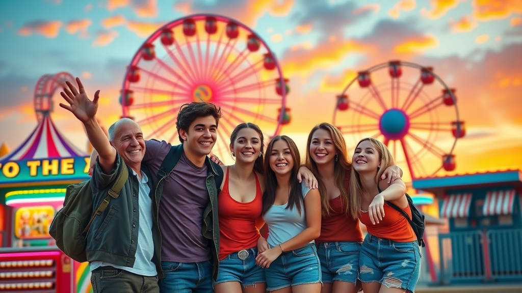 Excited young adult friends at Family Kingdom amusement park in Myrtle Beach posing by roller coaster and Ferris wheel