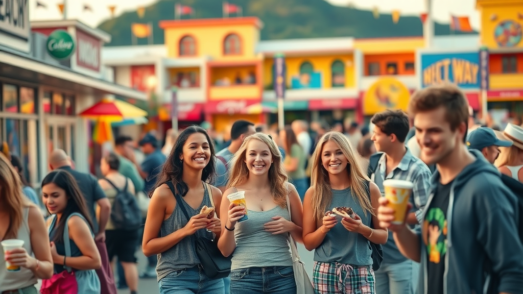 lively Broadway at the Beach scene bustling with teens shopping and eating, fun things to do with teens in myrtle beach (2025), browsing store fronts, lakeside entertainment, golden sunset.