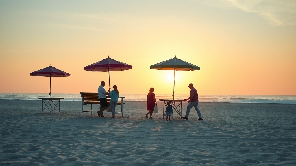 families arriving early at Myrtle Beach respectfully setting up umbrellas behind lifeguard stands sunrise over ocean empty sand filling tranquil golden hour telephoto lens