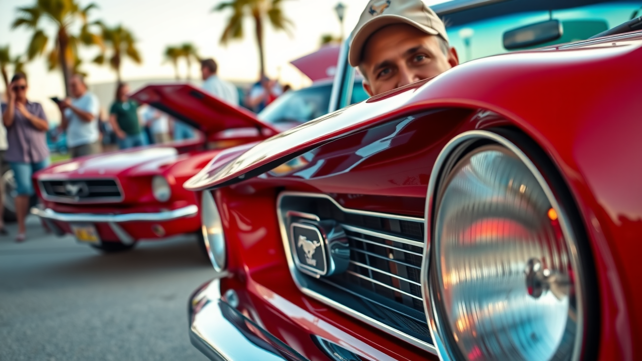 Red classic Mustang at Myrtle Beach Mustang Car Show 2025, owner smiling by car.