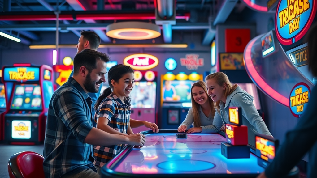 Family enjoying air hockey at indoor arcade, Myrtle Beach