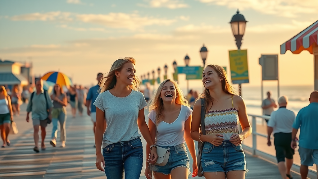 Vibrant Myrtle Beach boardwalk scene, happy teenagers laughing, walking together, bustling boardwalk with ocean views, families and teens interacting, sunrise sky. Myrtle Beach activities for families with teenagers