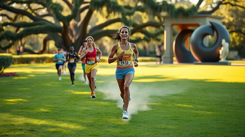 Woman leading brookgreen gardens labor day 5k runners past sculptures and oaks