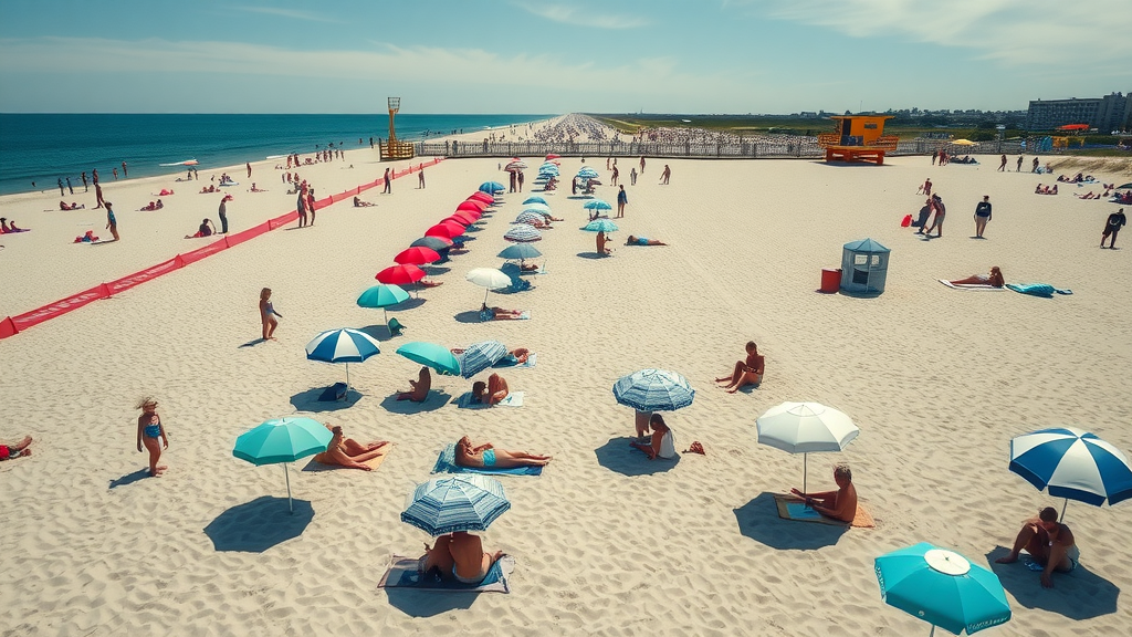 wide sandy beach with clear signage showing no tents or pop-up canopies only allowed traditional umbrellas lined up families sunbathing lifeguard stands emergency path